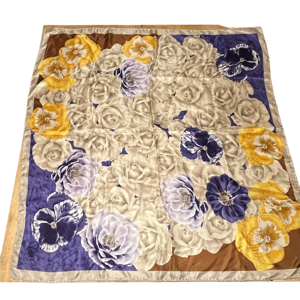Rare Kenzo Silk Scarf, Floral, Pansy Violets Pattern